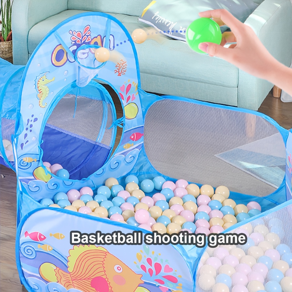 3-delige Blauwe Oceaan Thema Kinderballenbak Set met Glijbaan-achtige Tunnel & Koepelhoes