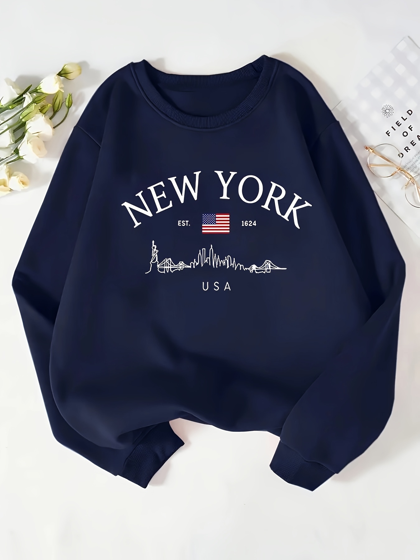 womens navy blue crewneck sweatshirt american flag Temu United