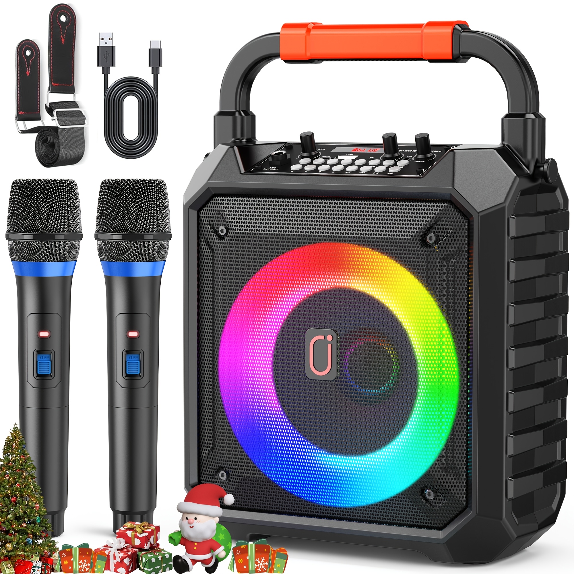 portable karaoke speaker with two microphones and dj lights   home parties and   this wireless pa system supports usb aux input and recording