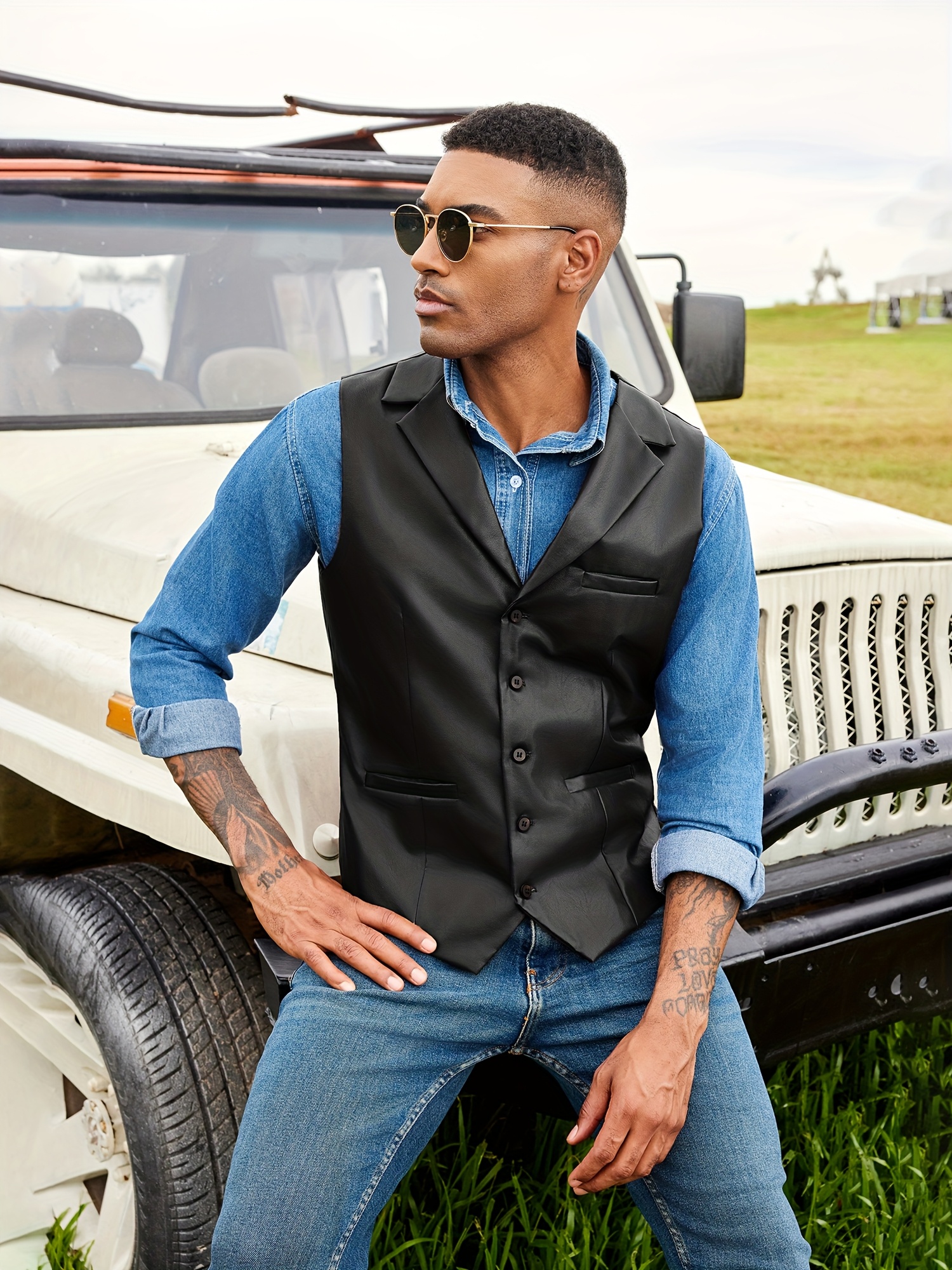 mens faux leather suit vest casual western vest jacket - Temu
