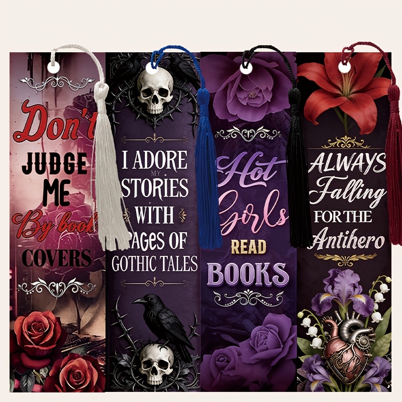 TEMU 4pcs Gothic Theme Tassel Faux Leather Bookmarks, 15cm (5.9in) X 4cm (1.57in) Book Lovers' Bookmarks, Men Women Bulk Bookmarks, Unique Bookmarks
