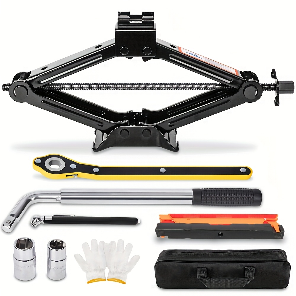 TEMU Car Jack (4409 Lbs) Tire Changing Kit With Lug Wrench - Emergency Kit For Car, Suv, Mpv (including Safety Triangles)