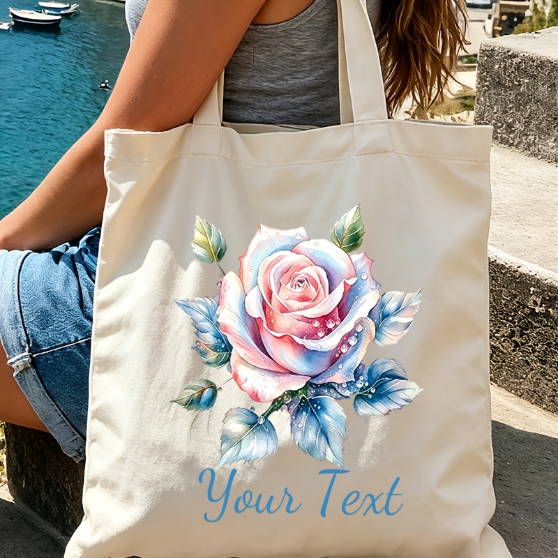 Personalized Custom Text Watercolor Rose Tote Bag, Large Capacity