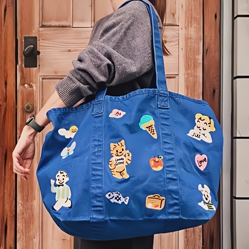 TEMU レディース 大容量トートバッグ 学校・通勤用 - 手洗い/ドライクリーニング対応 ショルダーバッグ かわいいキャラクター刺繍入り オープントップ＆オイルタンニングエッジ加工 普段使い カジュッションアクセサリー