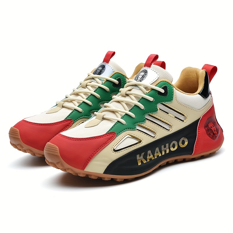Tenis casuales bajos unisex Dulshaeruo KAAHOO - Ligeros y transpirables de malla y sintético, combinación de colores verde vibrante/rojo/beige/negro, punta redonda cómoda y suela de goma acolchada para caminar, trotar y atuendo casual en primavera/verano, zapatos cómodos, diseño deportivo, construcción duradera, calzado con cordones, moda urbana, forro de tela, calzado versátil, estilo de vida activo