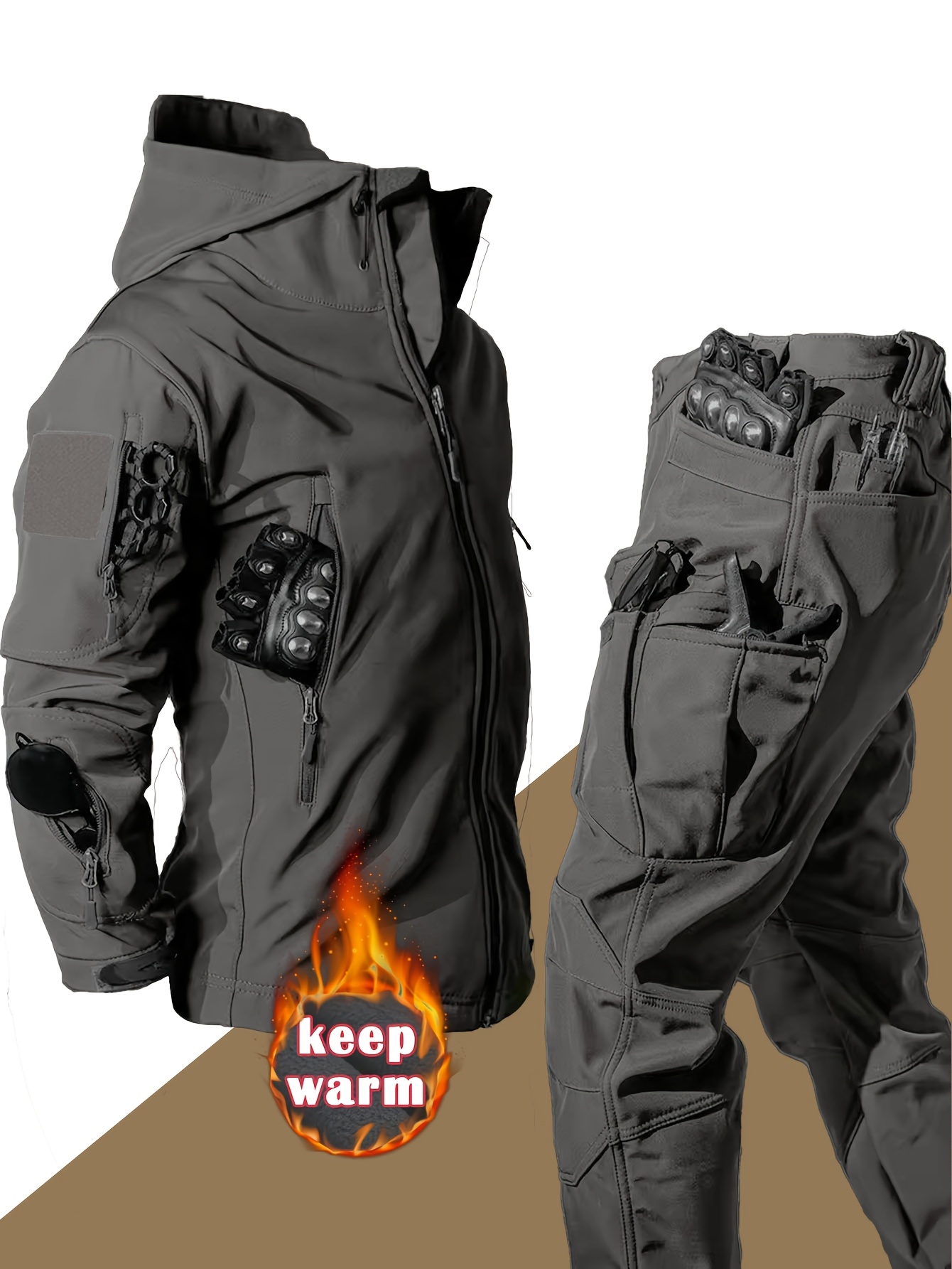 Men's Warm Tactical 2pcs Set, Softshell Jacket & Cargo Pants