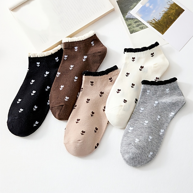 Image of 5 Pairs Of Women's Short Socks Featuring Breathable And Cute Floral Patterns, Suitable For Sports And Casual Wear, Perfect For Daily Use And , Versatile For