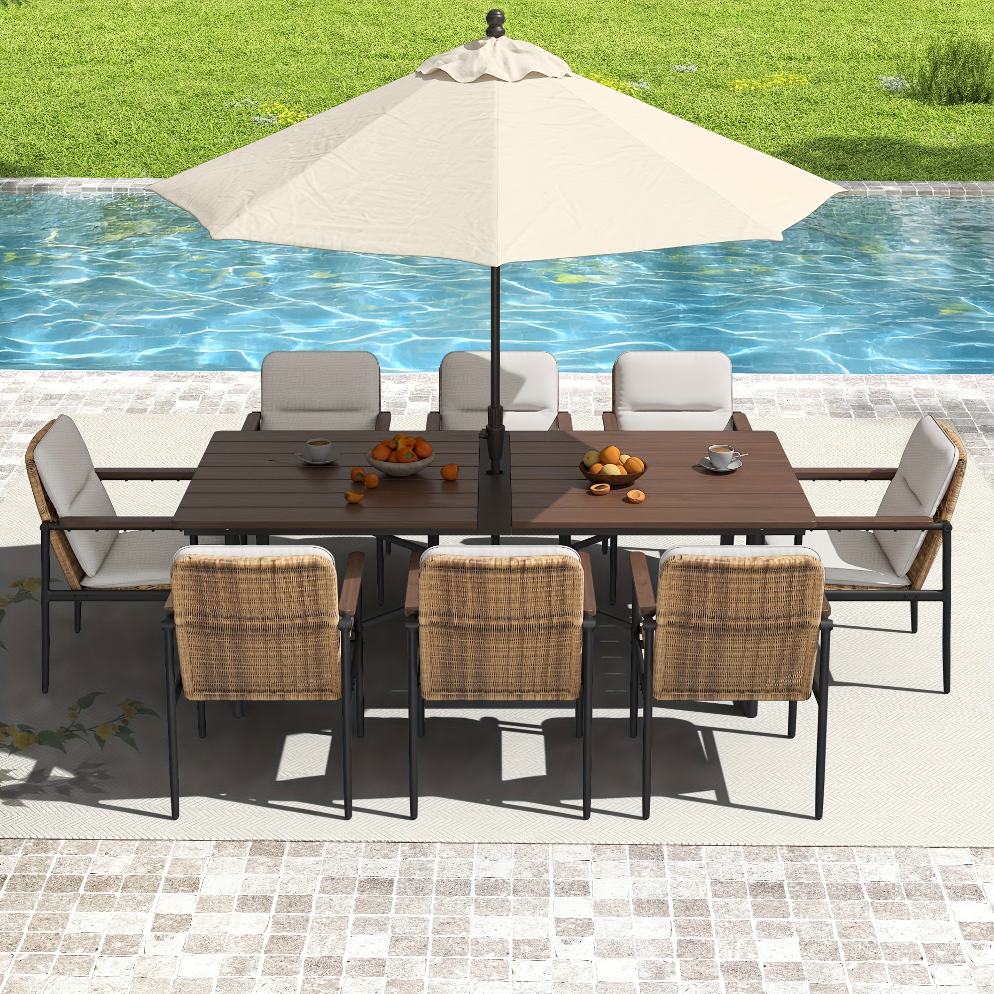 Patio Dining Set Outdoor, Wicker Chairs with Aluminum Frame and Olefin Cushions, Large Wooden Dining Table with Umbrella Hole, Patio Table and Chairs for Yard Garden Porch