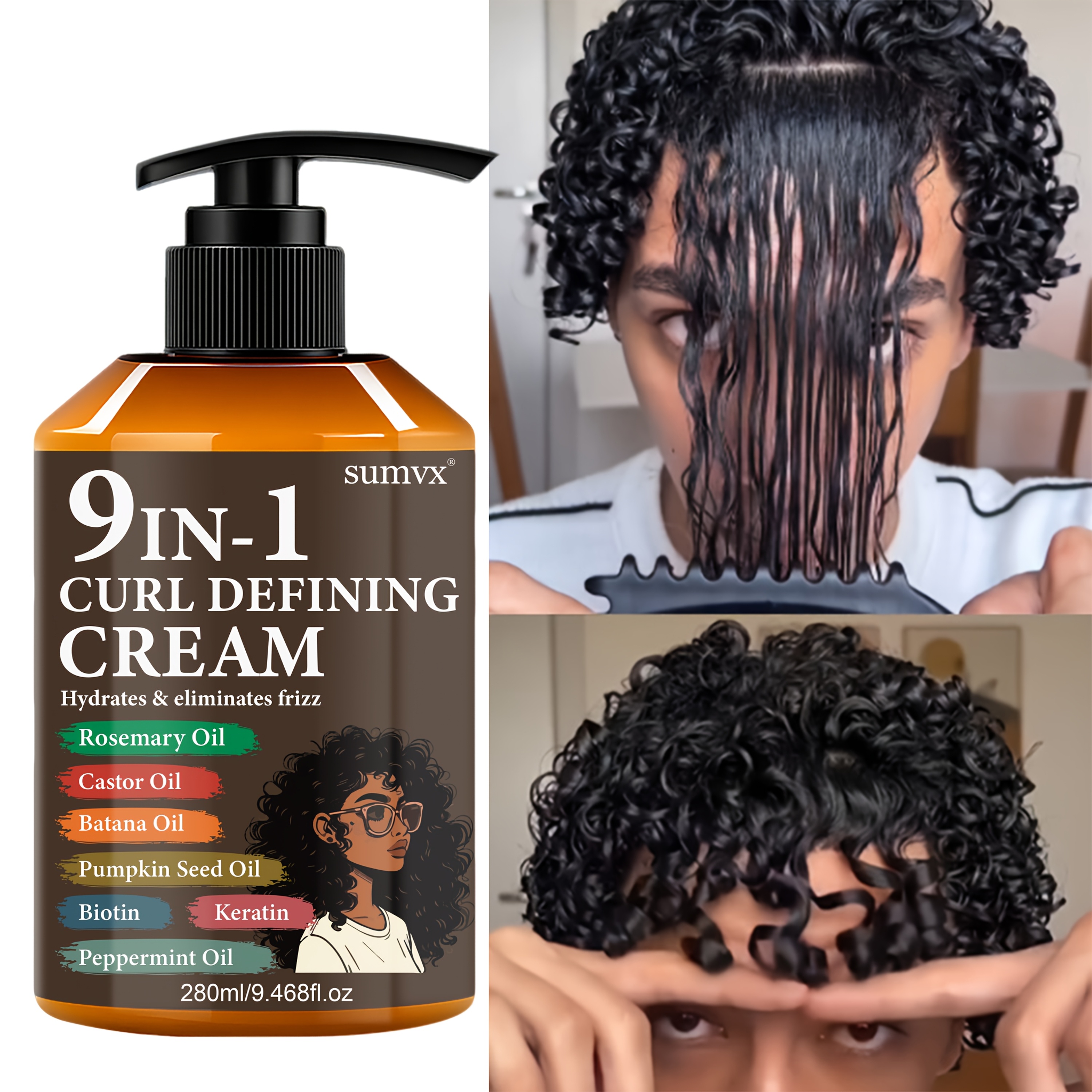 Image of 9.47oz, 9-in-1 Defining Cream | Moisturizing, Adult Cream | 1 Bottle, Long-lasting Style, , Non-greasy, , Rosemary Oil, Castor Oil, Batana Oil, Pumpkin Seed Oil, Biotin, Keratin, Peppermint Oil.