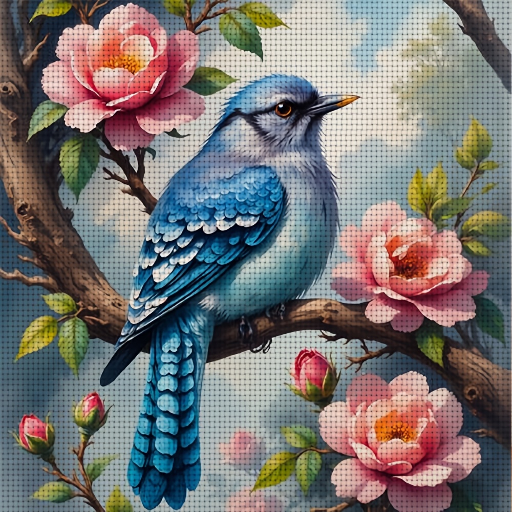 Frameless Cross-Stitch Print Kit, Blue Bird Perched on Flower Branch