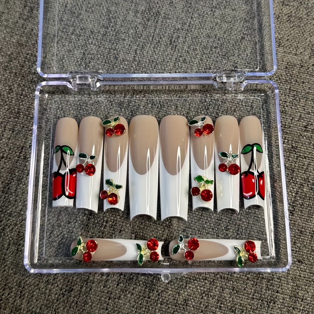 

! White French Edge Press-on Nails With Cherry Stickers And Cherry Ornaments, Extra Long Square Nails, Salon Handmade Nail Art, Removable Reusable Nail