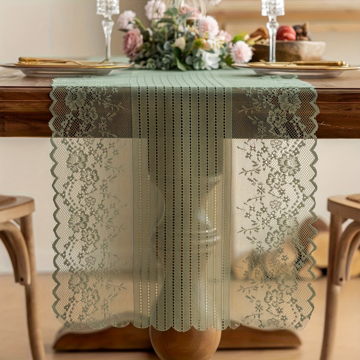 1 Elegant Lace Tablecloth—fan- Design, Polyester, Suitable For Weddings, Banquets, Festive Celebrations, And Home Decor, Versatile Table Decoration | Lace Details | Dining Table Decor