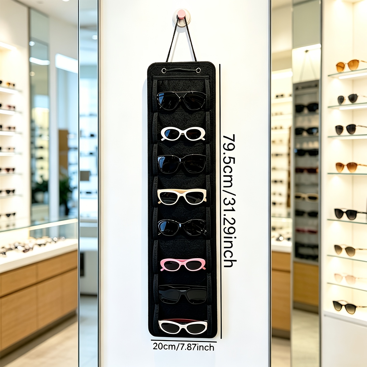 TEMU 1pc Hanging Felt Glasses Storage Bag With 8 Independent Pockets, Wall-mounted 8-grid Transparent Visible Window Sunglasses Organizer Bag,