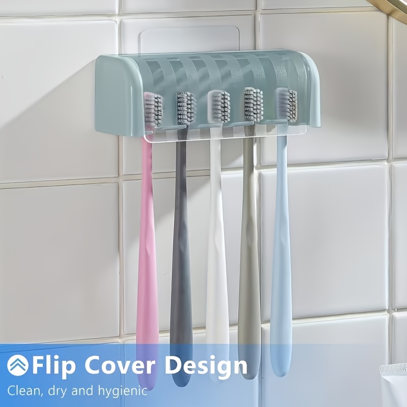TEMU *ZXF Porte-brosse à dents à 5 emplacements avec couvercle, support de rangement de brosse à dents mural auto-adhésif, accessoires de salle de