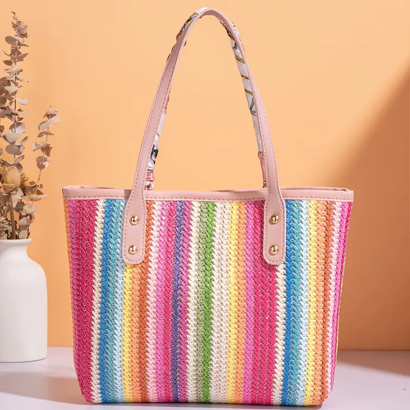 womens large capacity beach tote bag vibrant rainbow striped woven shoulder bag with magnetic closure durable polyester lining vacation and holiday use holiday accessory vibrant striped bag magnetic closure bag details 7