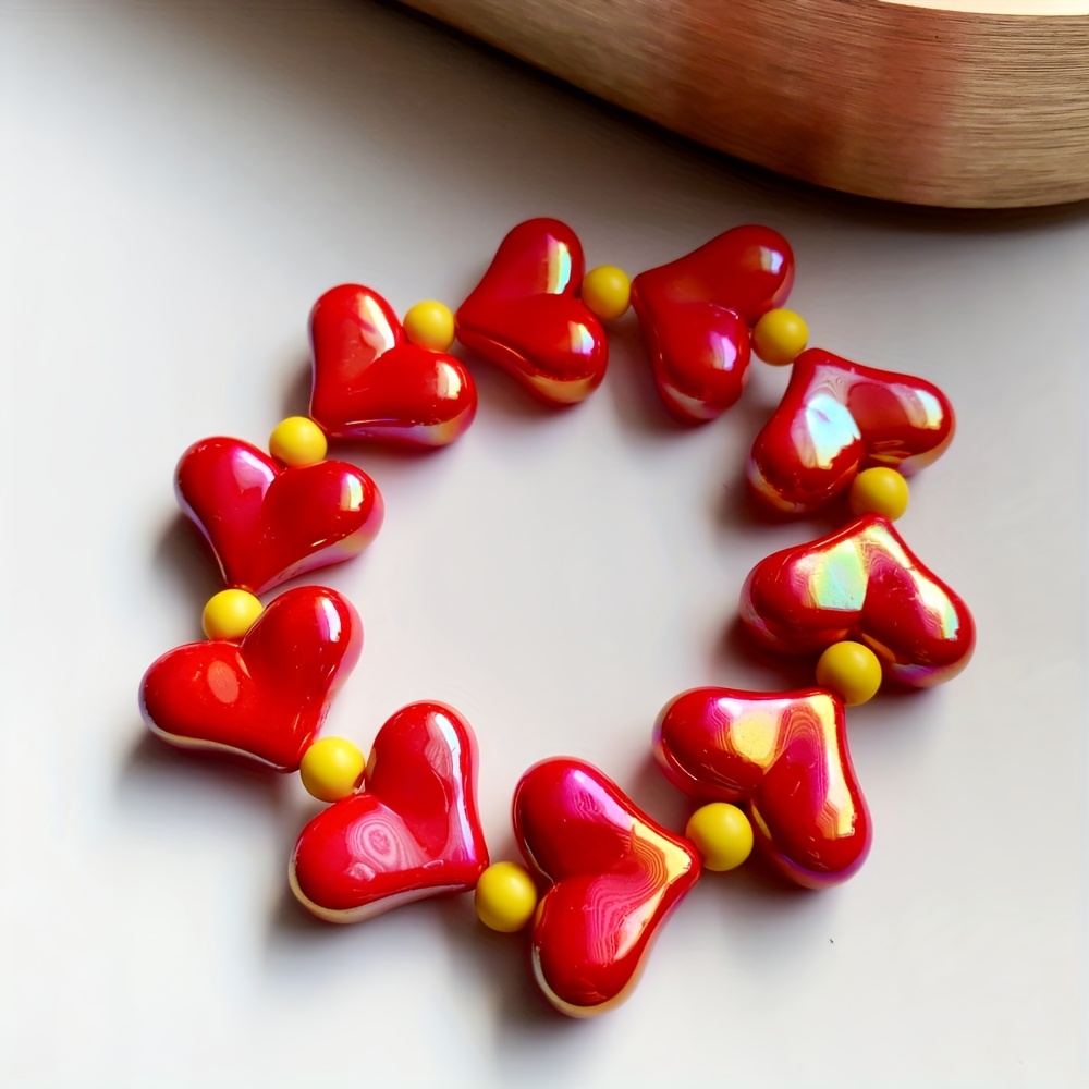 Boho Heart Beaded Bracelet Colorful Resin Charm Stretchy Elastic Rope