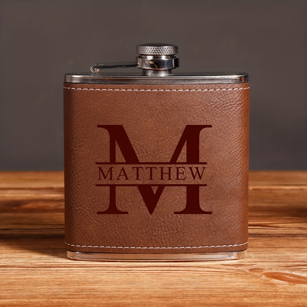 TEMU 1pc 6-ounce Portable Leather Wine , Engraved With Your Name! The High-quality Leather Wrap Adds A Vibe. Giving To Fathers, , Or As A Keepsake.