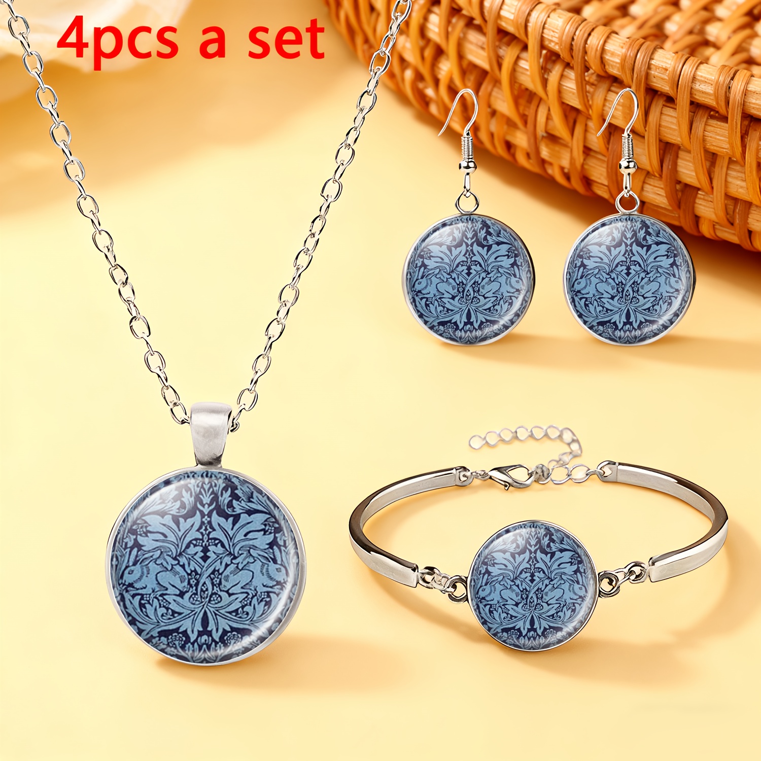 TEMU 4pcs Set (1 Necklace, 1 Bracelet, 1 Pair Of Earrings) Suitable For Women, Glass-inlaid Pattern White Jewelry Set, Blue Patterned , Elegant Retro