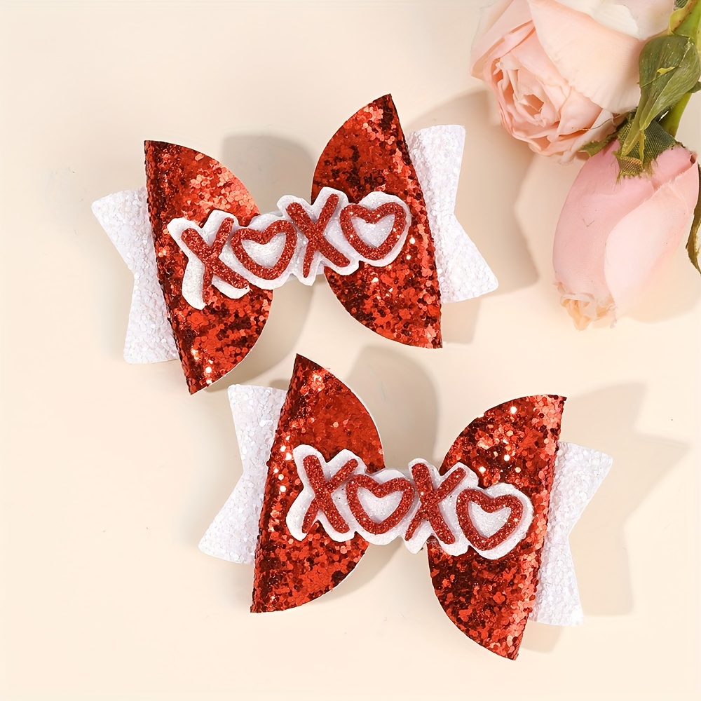 

2pcs Valentine's Day Glitter Hair Bow Clips, Cute Sequin Barrettes, Polyester, Non-woven, For Teens, Daily & Casual Wear, Hair Accessories For Girls 14+