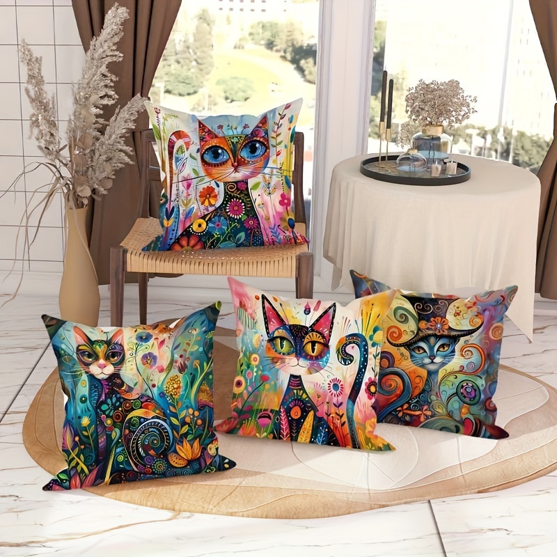 

Set Of 4 Modern Cartoon Cat Throw Pillow Covers, 18x18 Inch - Machine Washable, Zip Closure, Decorative Abstract Animal & Floral Design For Living Room And Bedroom