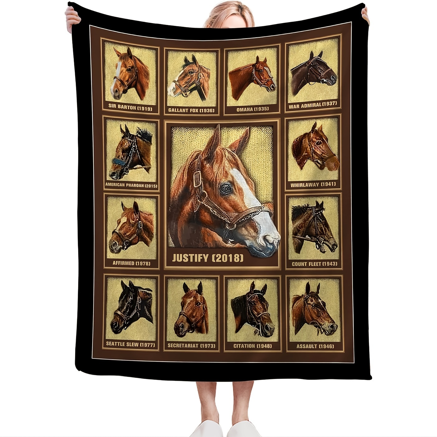 

1pc Horse Racing Flannel Blanket - Reversible Chunky Knit Throw, Cartoon Themed, Cozy For Camping, Machine Washable, Ideal For Christmas & New Year