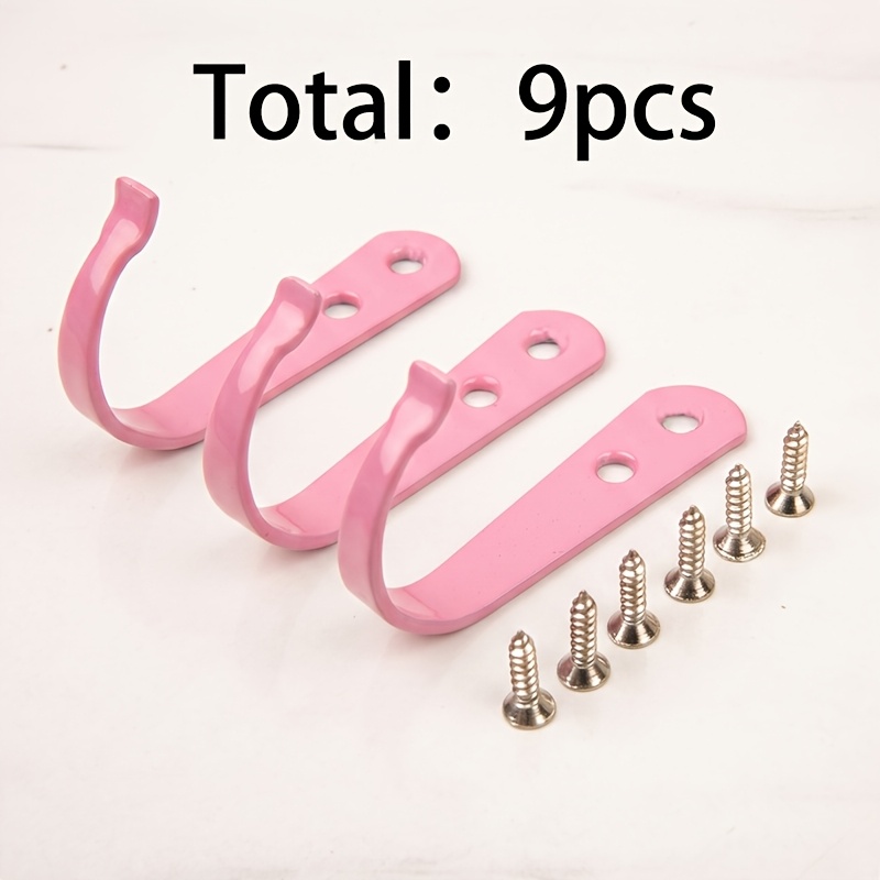 TEMU 3pcs Pink Hooks And 6pcs 2.5x10 Silvery Screws Total 9pcs, Pink Iron Wall-mounted Hooks, Wall-mounted Hat And Bag Hooks, Towel And Clothing