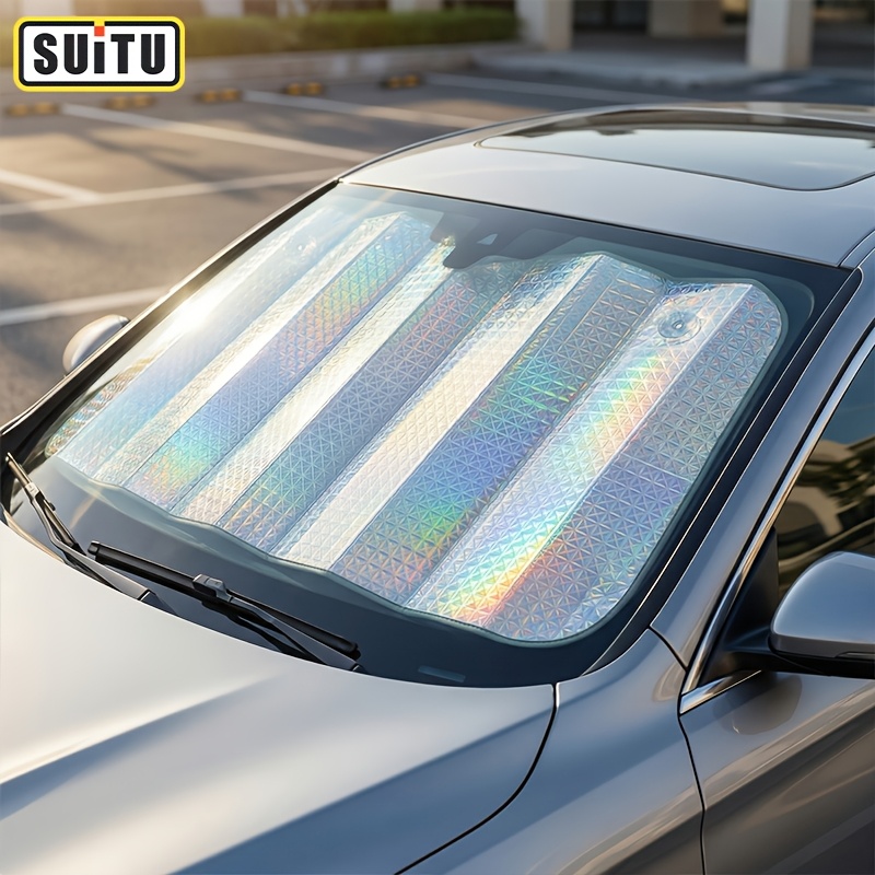 Suitu' Windshield Sunshade, Measuring 23.23*50.4 Inches, Fits Most Vehicle Models. It Features A Four-layer Diamond Pattern For Effective Heat Insulation And Light Blocking