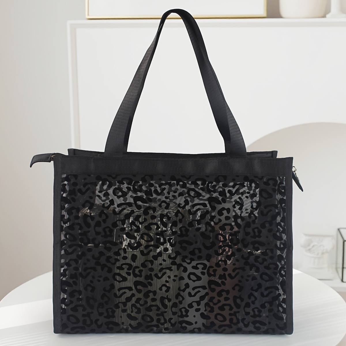 E-shop Große Damen- & Unisex-Tragetasche - Leopardenmuster, Reißverschluss, Geräumiges Futter für Reisen, Fitness, Einkaufen – Strapazierfähige