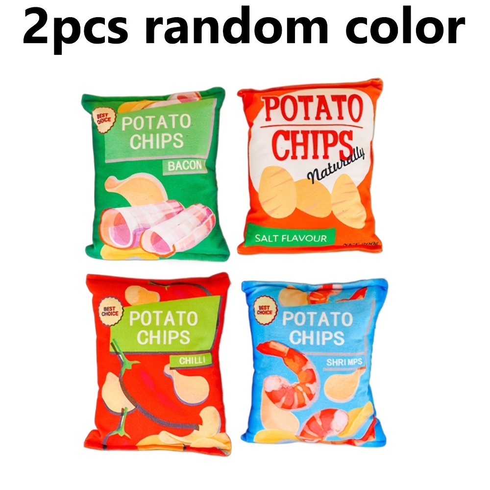 Image of 2pcs Potato Chip Shaped Squeaky Dog Plush Toys, Squeaking, Salsa Sound, Random Pattern Styles, Built-in And Crinkle Paper, Attracts Dog's Attention, Pet Toy, Plush Toy, Squeaky Toy, Dog Companion