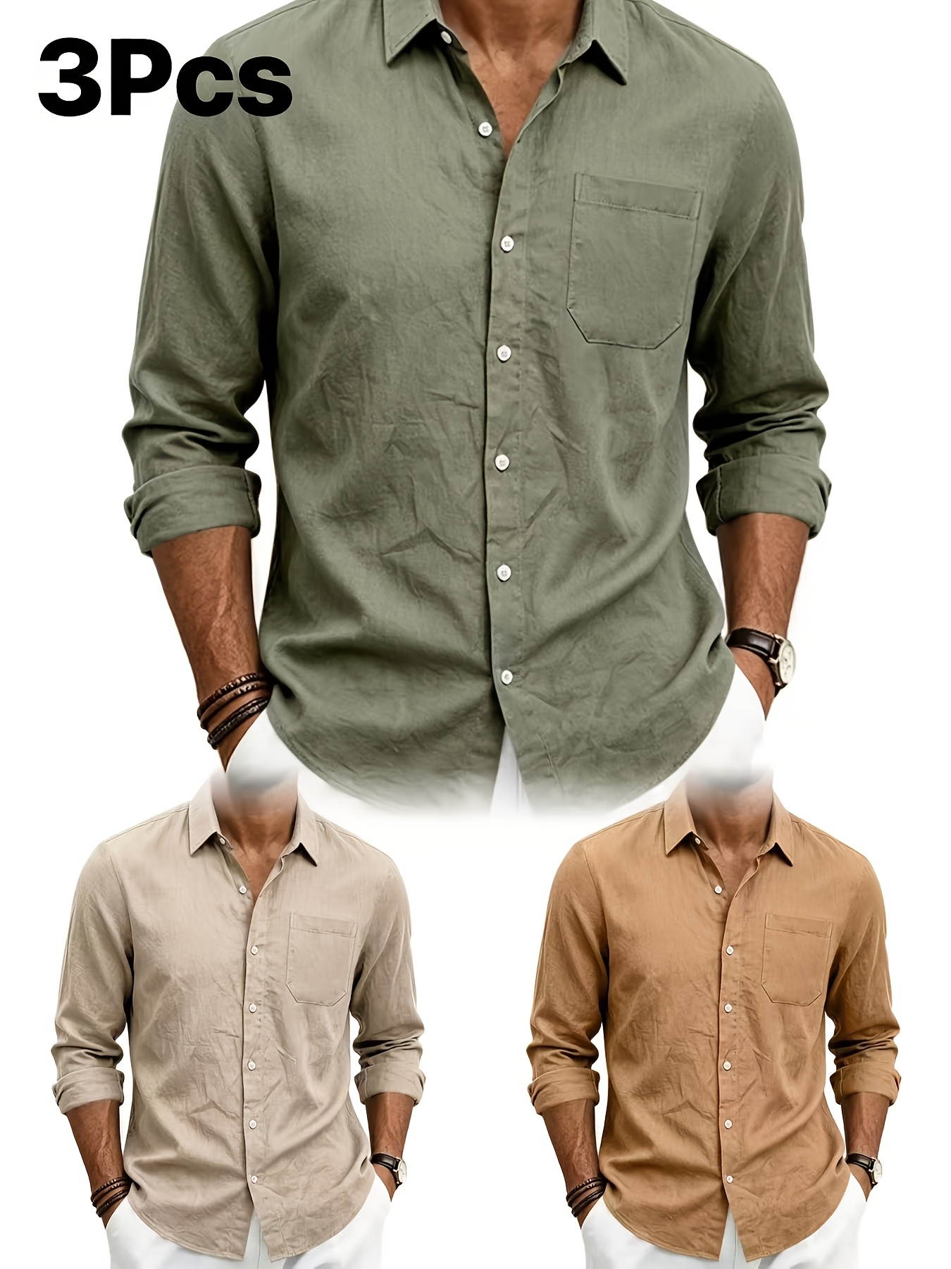 3pcs mens casual linen shirts seaside   solid color long sleeve tops comfortable breathable and versatile