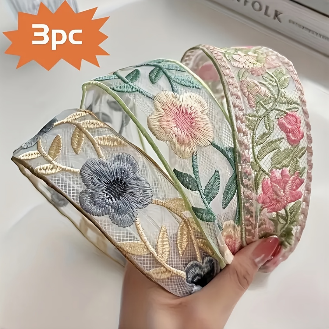 3pcs floral print bohemian polyester wide braid embroidered headband set
