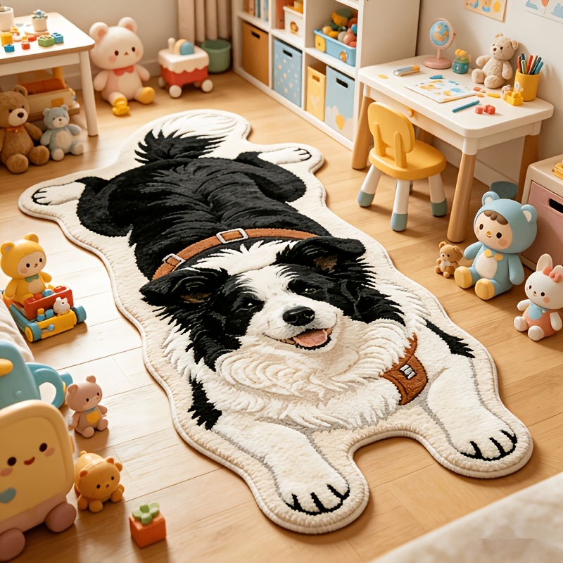 TEMU  800g/mÂ² Imitation Cashmere   Non-slip Dotted Plastic Backing, 1pc Of High-definition Printed Irregular-shaped Black And White Border Collie Pet