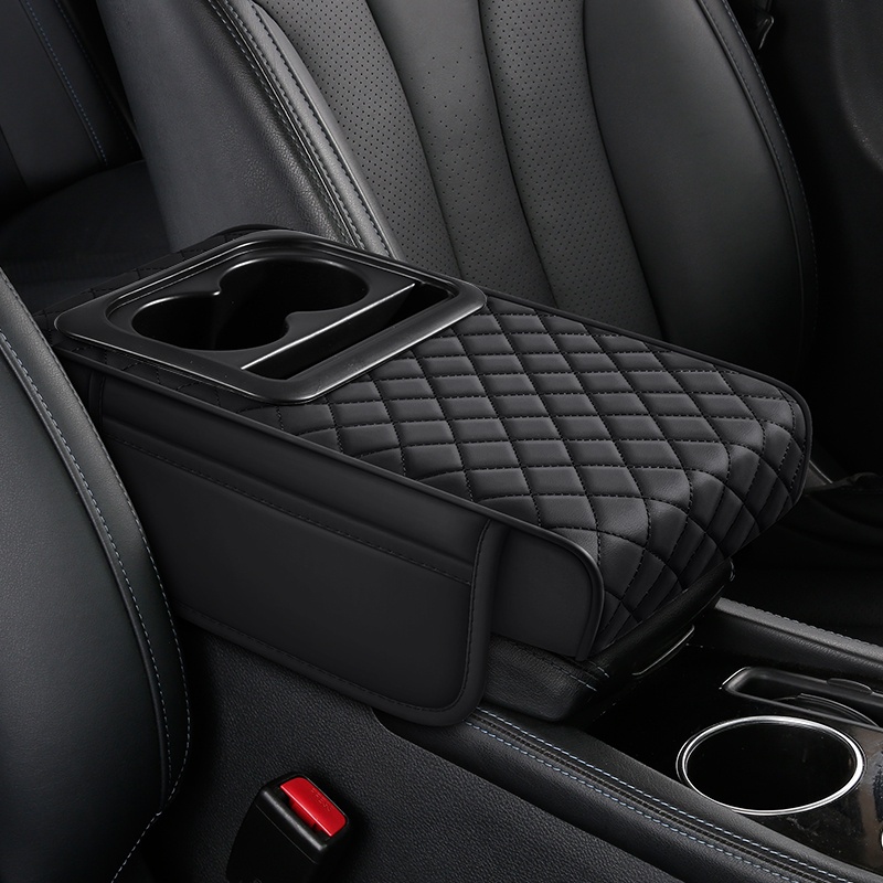 universal fit memory foam car center console armrest pad with cup holder phone holder pu leather ergonomic elbow support dual storage compartments for long distance   black 0