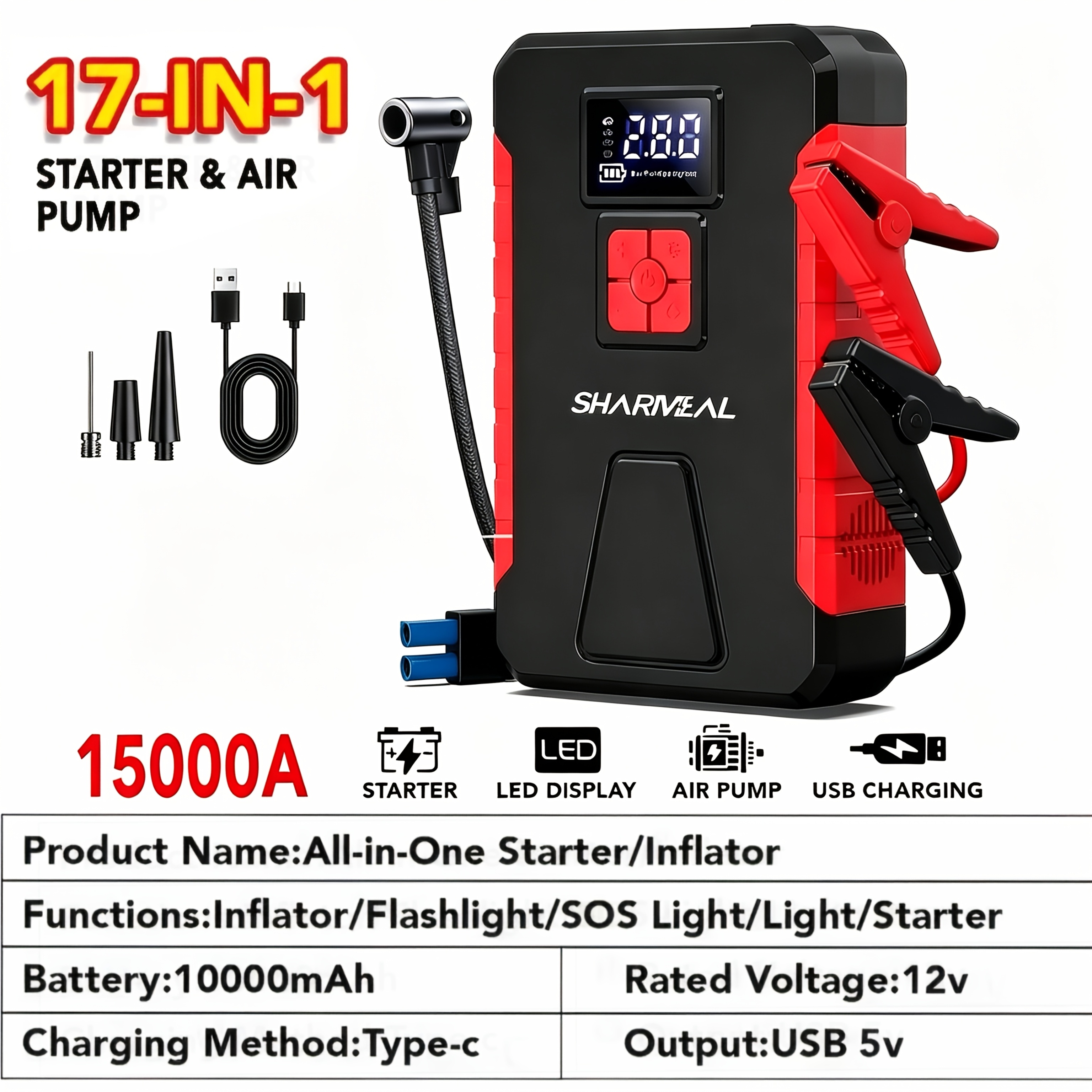 TEMU 15000a-23000a 200psi-350psi 17-in-1/ 20-in-1 Portable Jump Starter With Air Compressor Jump Starter, Car Battery Charger, Car Jump Starter With
