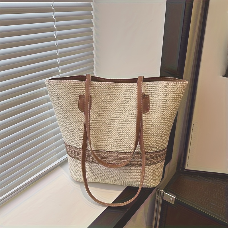 1pc/2pcs Fashionable Women's Large Woven Handbag - Splicing Design, Spacious Beach Bag With Shoulder Strap, Perfect For Travel, Outdoor And Daily Use