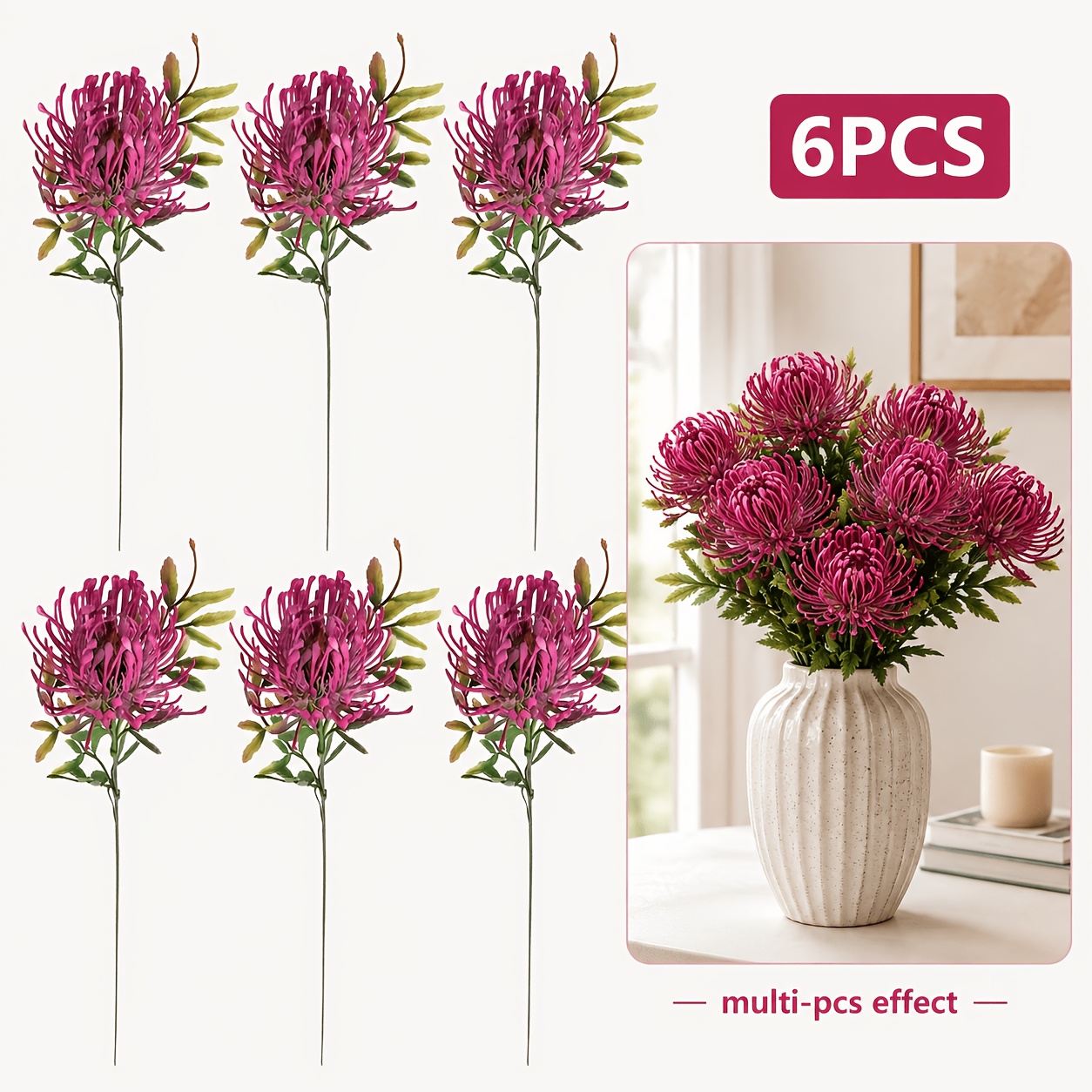 TEMU 6pcs Realistic Large Chrysanthemum Bouquet, High-fidelity Eternal Decorative Flowers, Living Room Dining Table Vase Arrangement, Vase And Floral