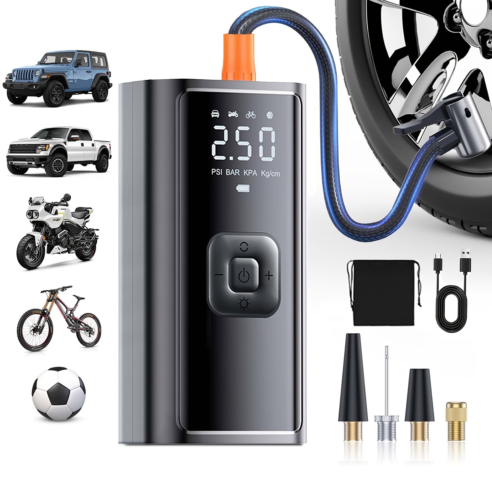 TEMU Compresseur d'Air Portable Fil avec Manomètre Numérique et Lumière LED d'Urgence, Pompe à Air Rapide 4-en-1 (-C, 150 PSI), Batterie Externe pour