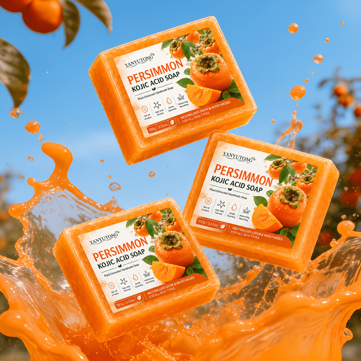 3pcs Pack Handmade Persimmon Soap Suitable For Types, Odor Eliminator & Deodorizer, Persimmon-scented Moisturizing Cleansing Bars For Hair, Face, Body, For &, Fragrance For Strong Sweat Smell Removal