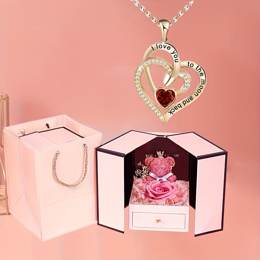 

Inlaid Zircon Double Heart Pendant Necklace With Cute Bear Rose Gift Box, Mother's Day Birthday Gifts For Women, Romantic Lettering Jewelry