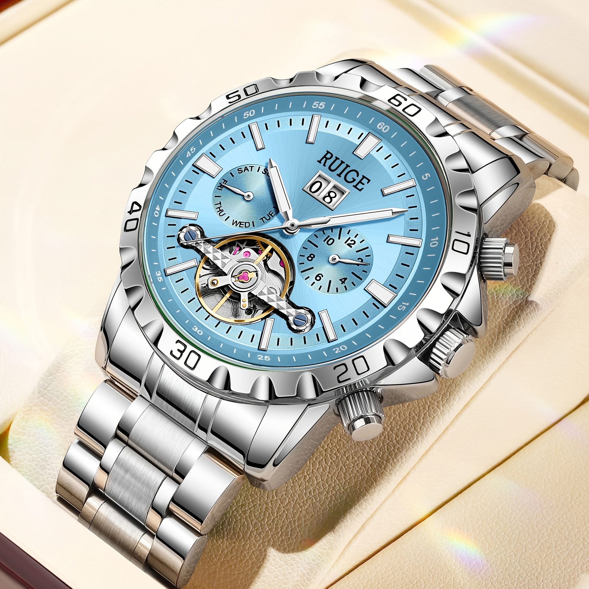 Ruige Men's Business Automatic Mechanical Watch Stainless Multifunctional Display Calendar Luminous Hollow Mechanical Men's Gift Wristwatch