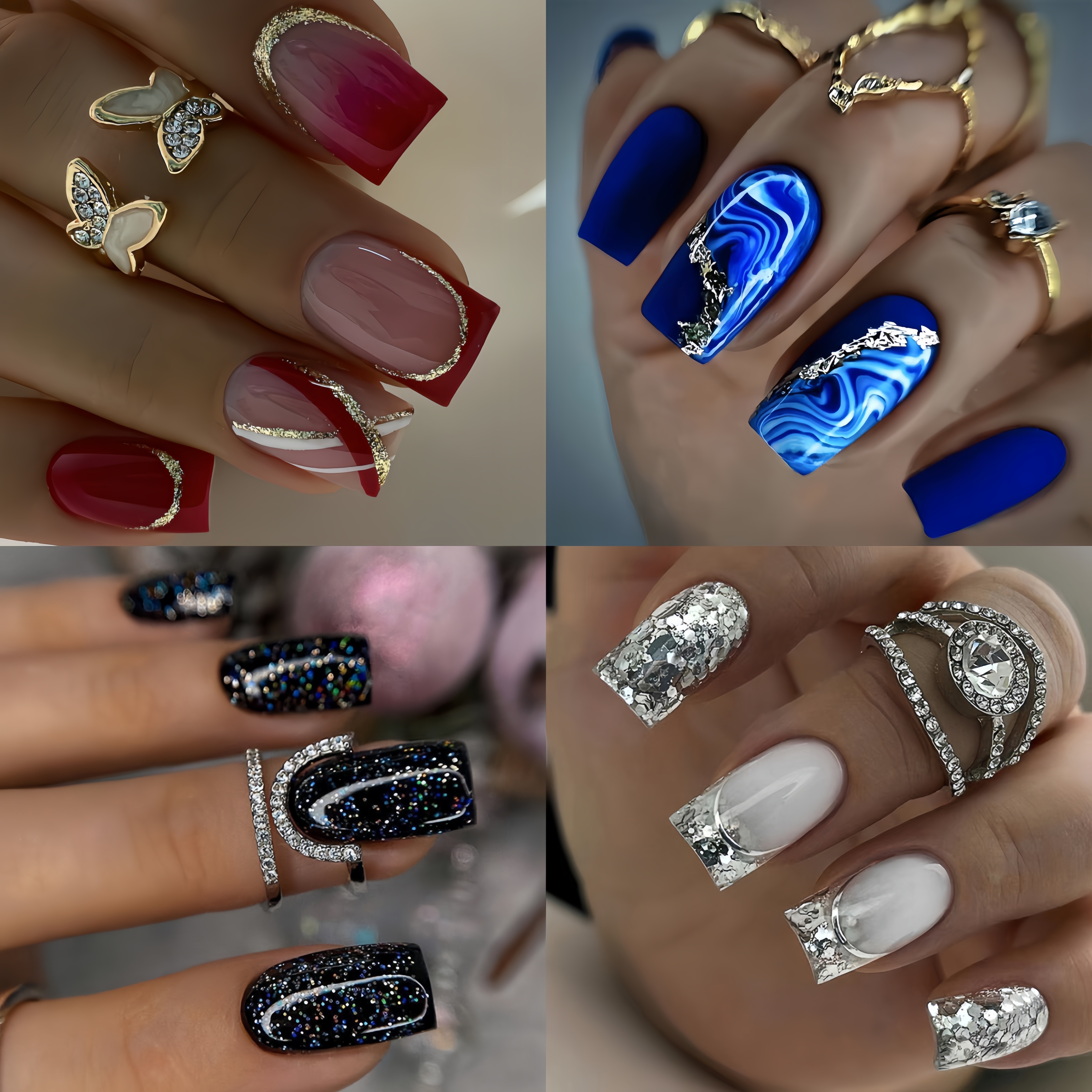 Ensemble de 96 ongles de ballet à presser de longueur moyenne, tons noirs et bleus avec motifs d'aura à rayures, kit d'ongles à presser brillants et tendance pour l'automne, détails 0