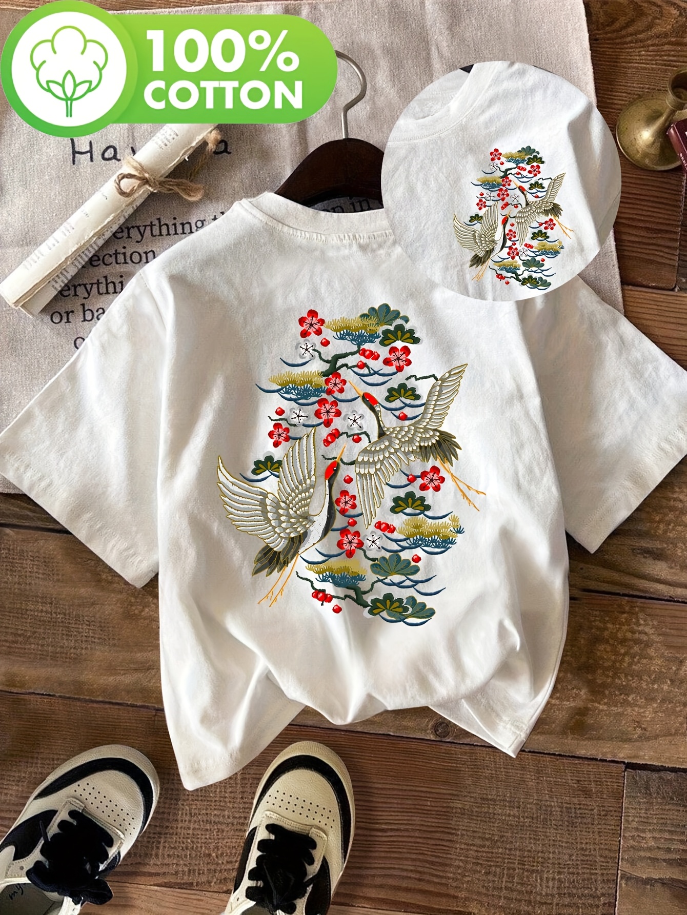 chemise t shirt femme à imprimé grue fleur cerisier 100% Temu