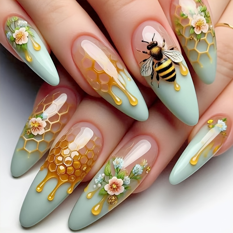 TEMU 24pcs Spring And Summer Small Bee Fake Nails Medium Size, Green Gradient, False Nails, Perfect For Travel And Vacations, Press On Nails, Elegant
