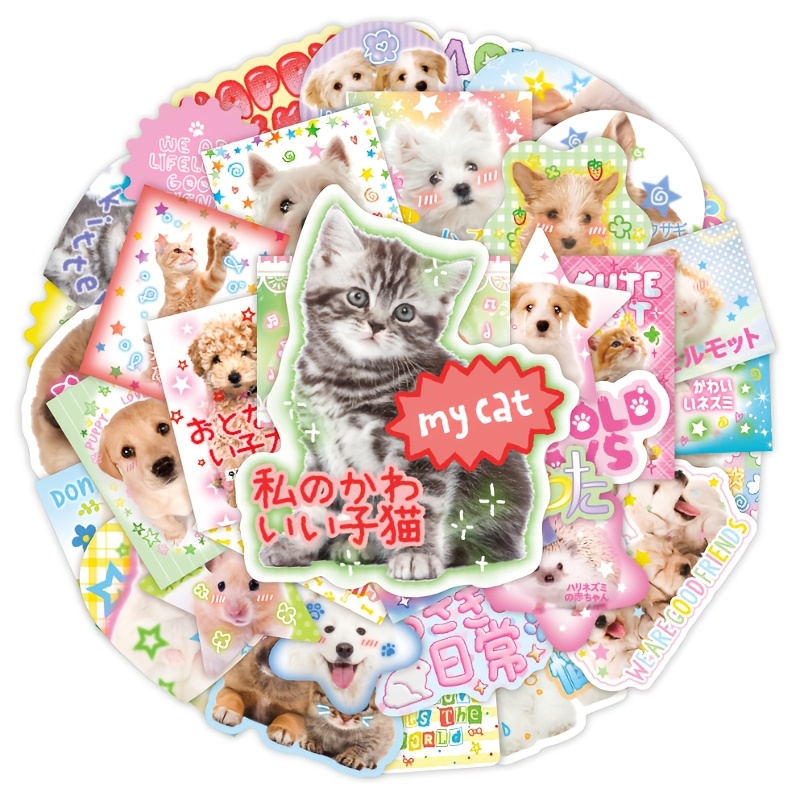Image of 40 Vintage Japanese Cute Animal Stickers - Vintage Kawaii Cat And Dog Pvc Matte Decals With Glitter Accents, Self-adhesive Mixed Colors For Diy Laptops, Phone Cases, Luggage Decoration, Cute Stickers