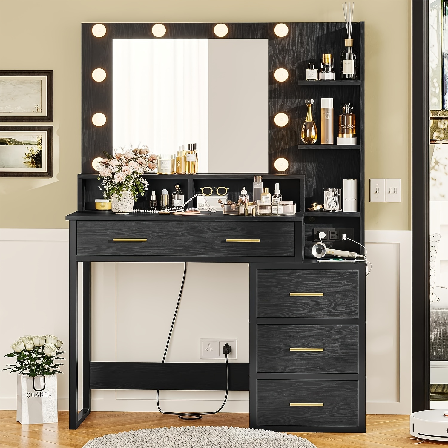 

Makeup Vanity Desk With Lights And Mirror, Black Vanity Table With Charging Station&5 Drawers&nightstand