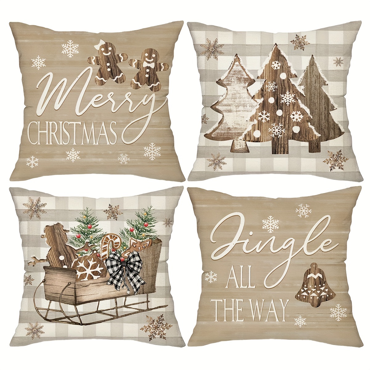 TEMU 4pcs, Christmas Throw Pillow Covers, 18in*18in, Wooden Tree Snow Sleigh Merry Xmas Holiday Decor Cushion Covers, Merry Christmas, Decorations