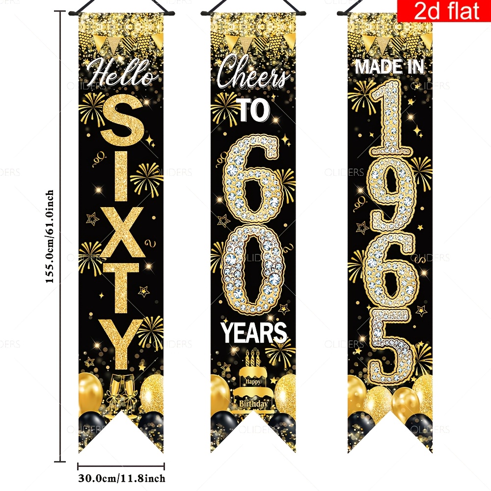 Image of 2d Flat Banner, 3pcs, Happy 60th Birthday Porch Sign Banner, Black And Golden Theme Party Banner, Polyester, Hanging Decorations For Home Wall Living Room, Yard, Garage Decor Supplies