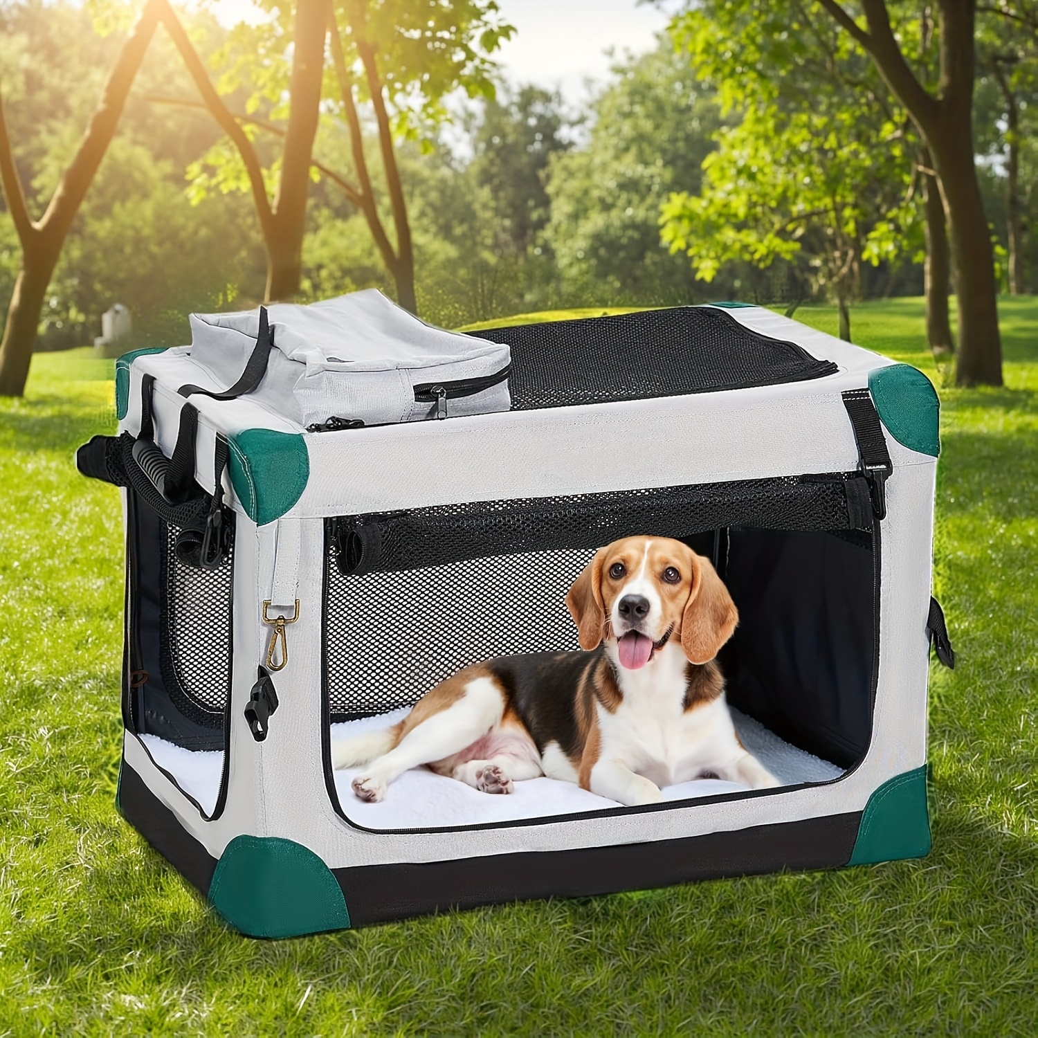 Nomipaw Pet Soft Collapsible Dog Crate - 26/30/36 Inch Portable Travel Dog Crate For Medium/large Dogs Indoor & Outdoor, 3-door Pet Crate With Durable Mesh Windows & Storage Bag, Blue