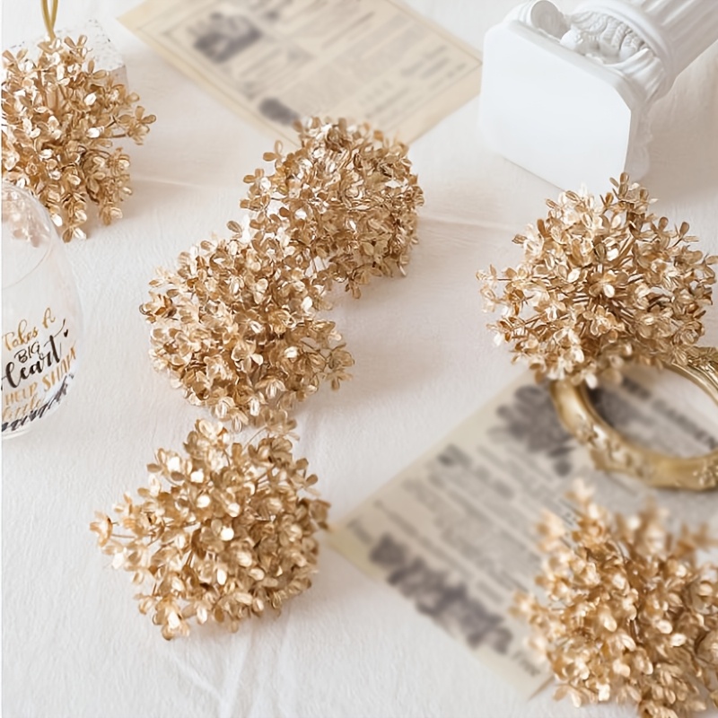 6pcs Elegant Golden Hydrangea Flower Heads - Luxurious Plastic Embellishments For New Year & Christmas Home Decor, Versatile Tabletop Display, No Battery Required