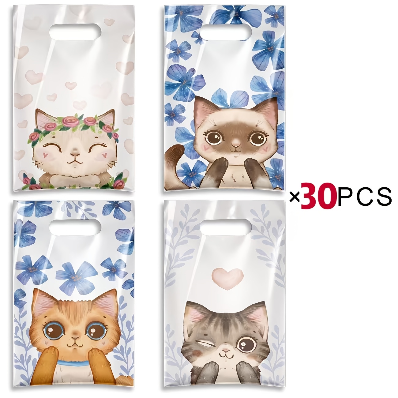 TEMU Gift For Her/him White-based Tote Bag With 30 Cat Patterns, 4 Styles Mixed, Cute Cartoon Cat Gift Bag For Small Presents